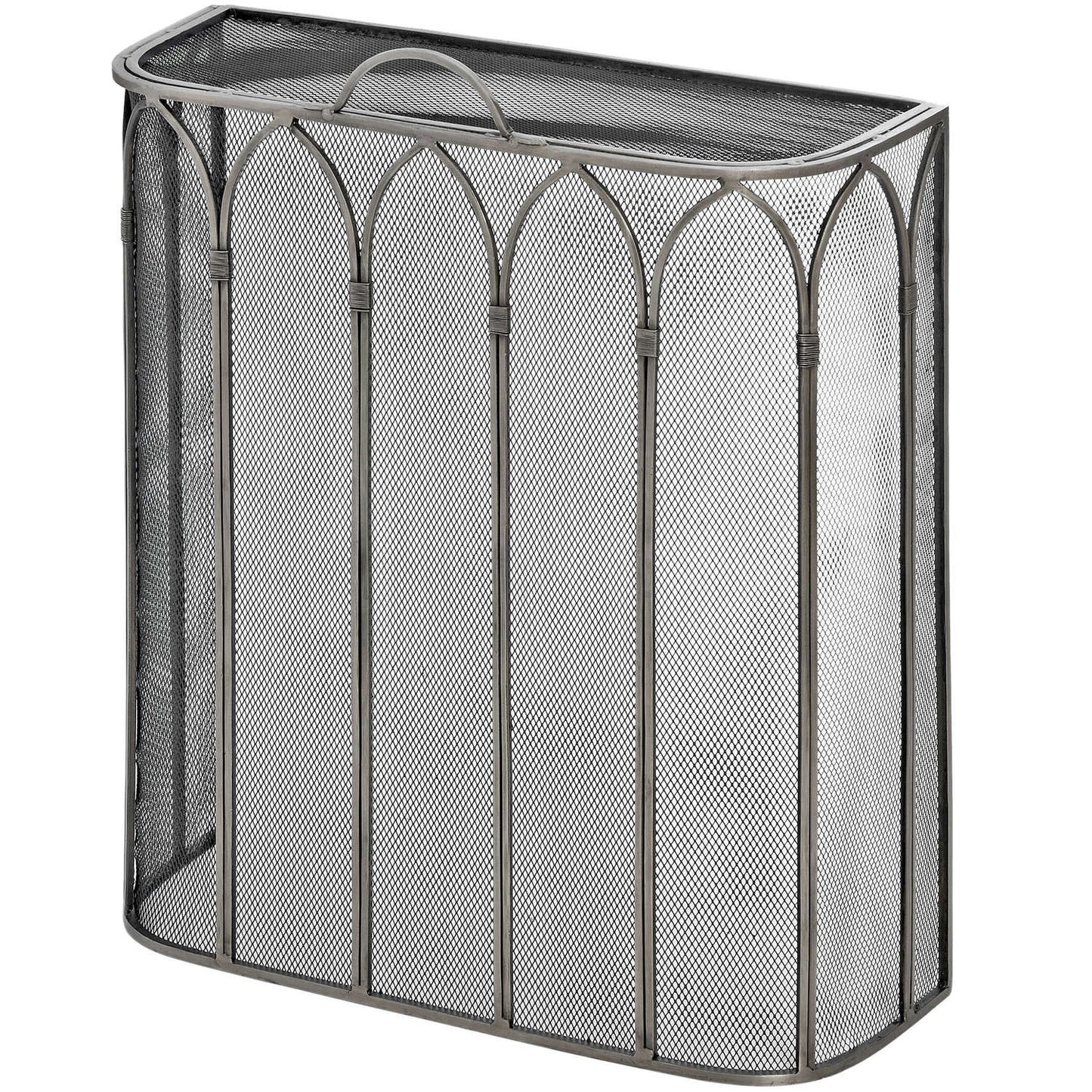 Gothic antique pewter firescreen with peaked arches, offering spark protection and a refined aesthetic for fireplaces.