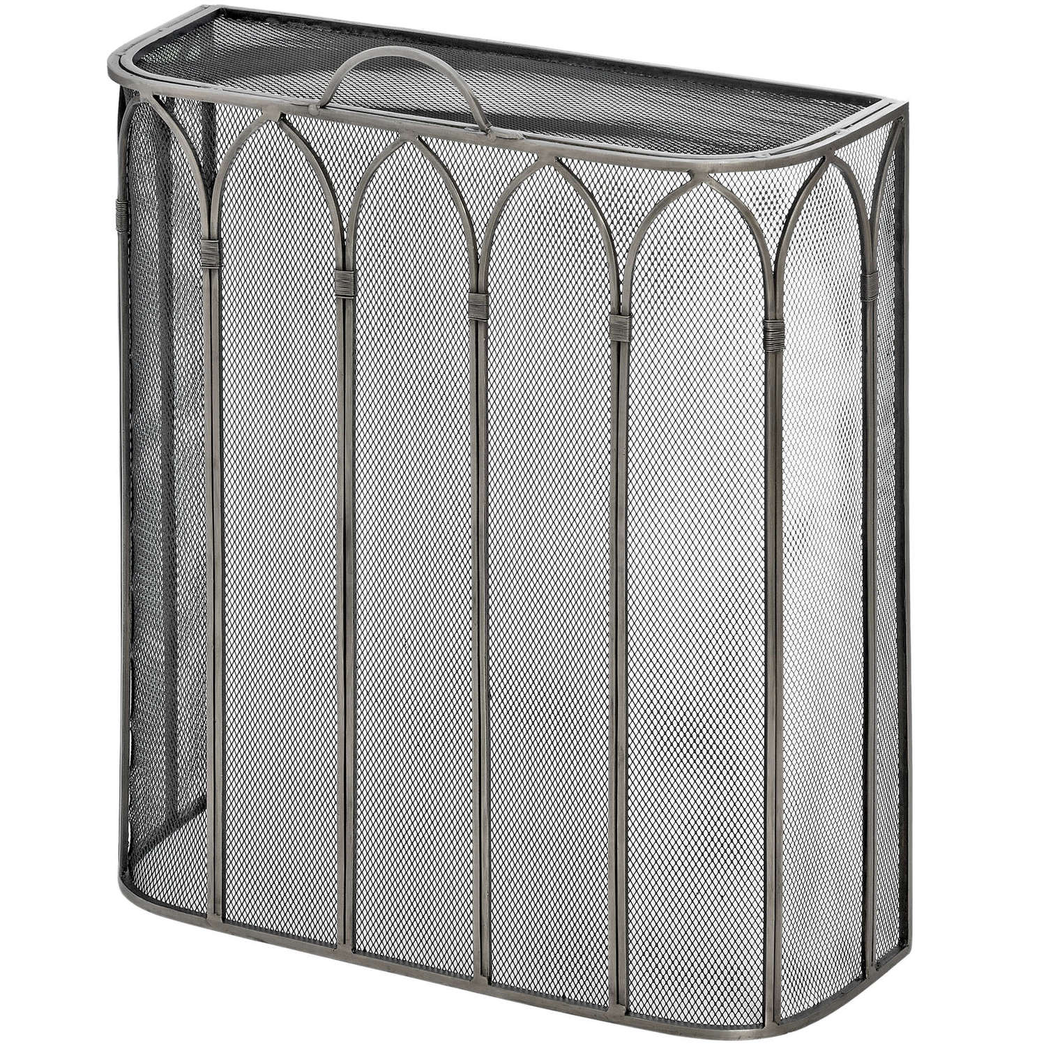 Gothic antique pewter firescreen with peaked arches, offering spark protection and a refined aesthetic for fireplaces.