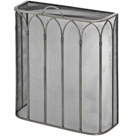 Gothic antique pewter firescreen with peaked arches, offering spark protection and a refined aesthetic for fireplaces.