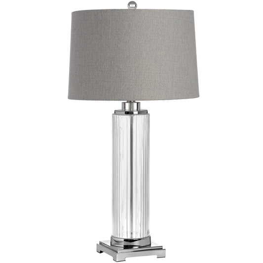 Elegant table lamp featuring a carved glass base and sleek chrome accents, topped with a gray herringbone shade.