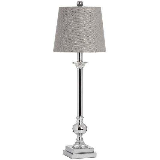 Elegant chrome table lamp featuring a hand-cut glass base and refined herringbone shade, perfect for modern or traditional decor.