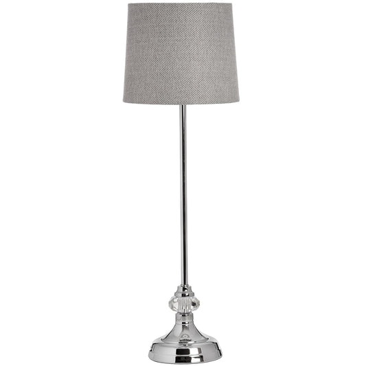 Sleek chrome table lamp with a stylish grey and white herringbone shade, enhancing modern and classic decor.