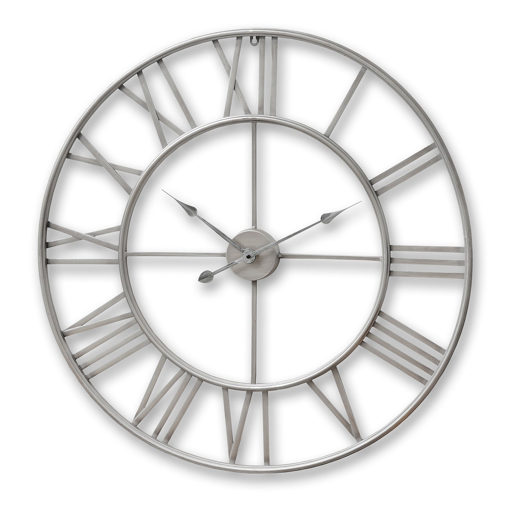 Large silver skeleton wall clock features an open-faced design with intricate gears, blending contemporary and industrial styles.
