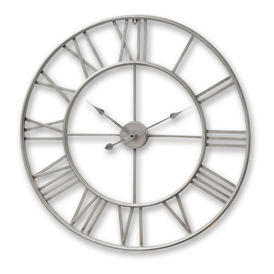 Large silver skeleton wall clock features an open-faced design with intricate gears, blending contemporary and industrial styles.