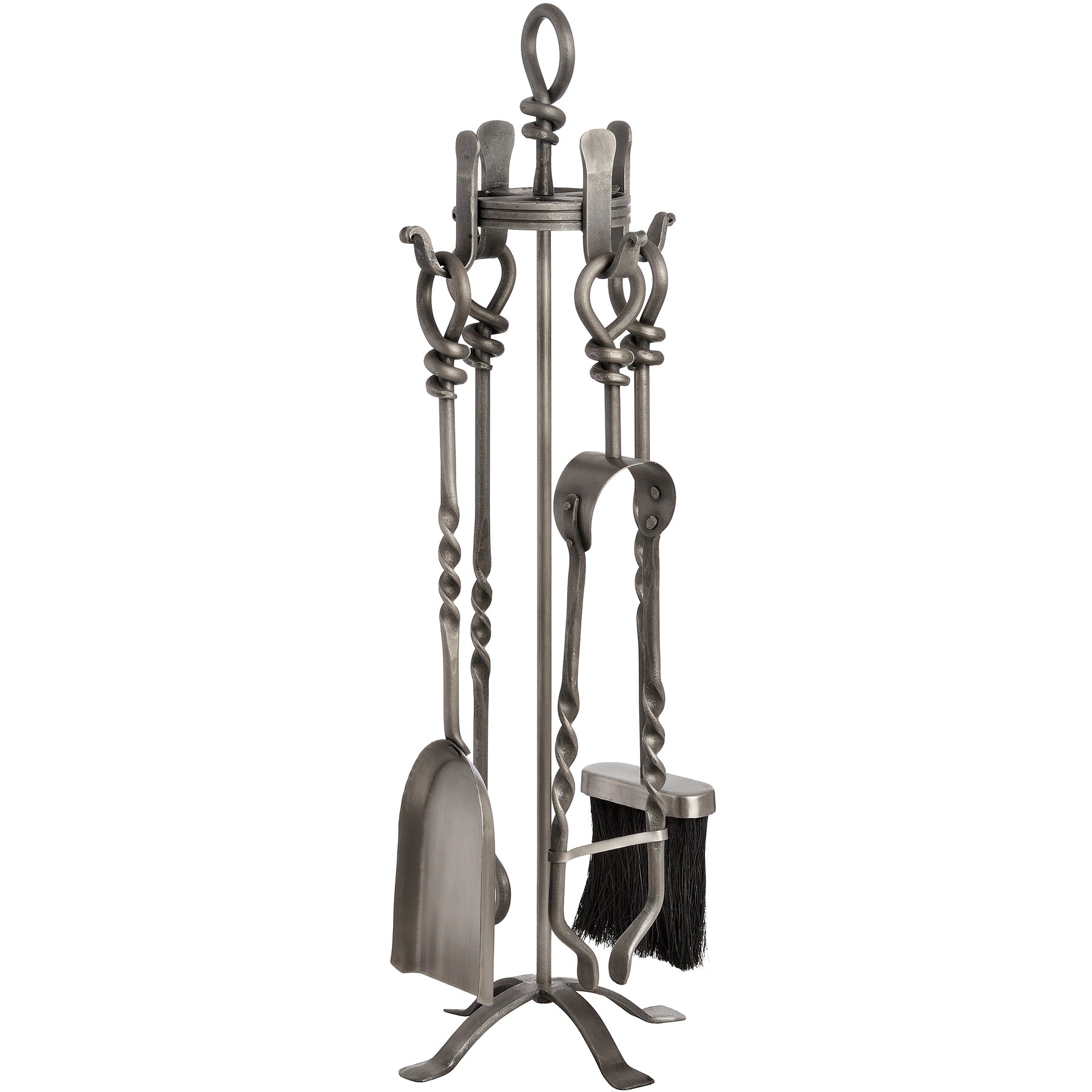 Handcrafted fireside companion set in elegant pewter finish, featuring a unique loop-top design and intricate detailing.