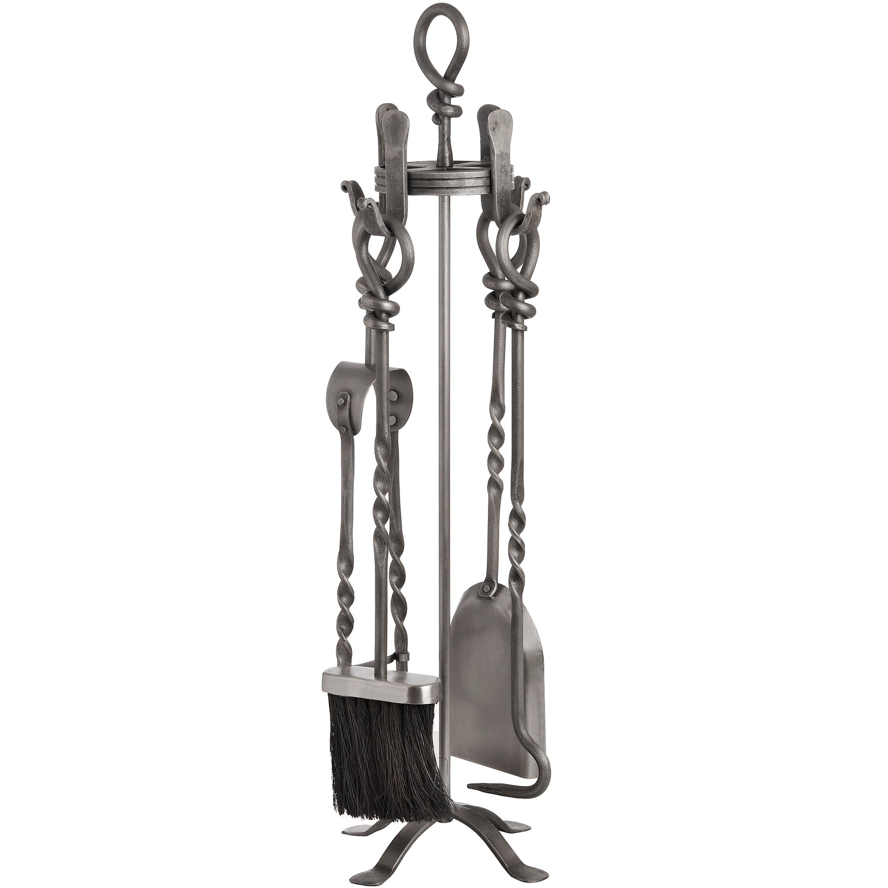 Elegant pewter companion set with hand-turned loop-top design, featuring a brush, shovel, and tongs for fireplace care.