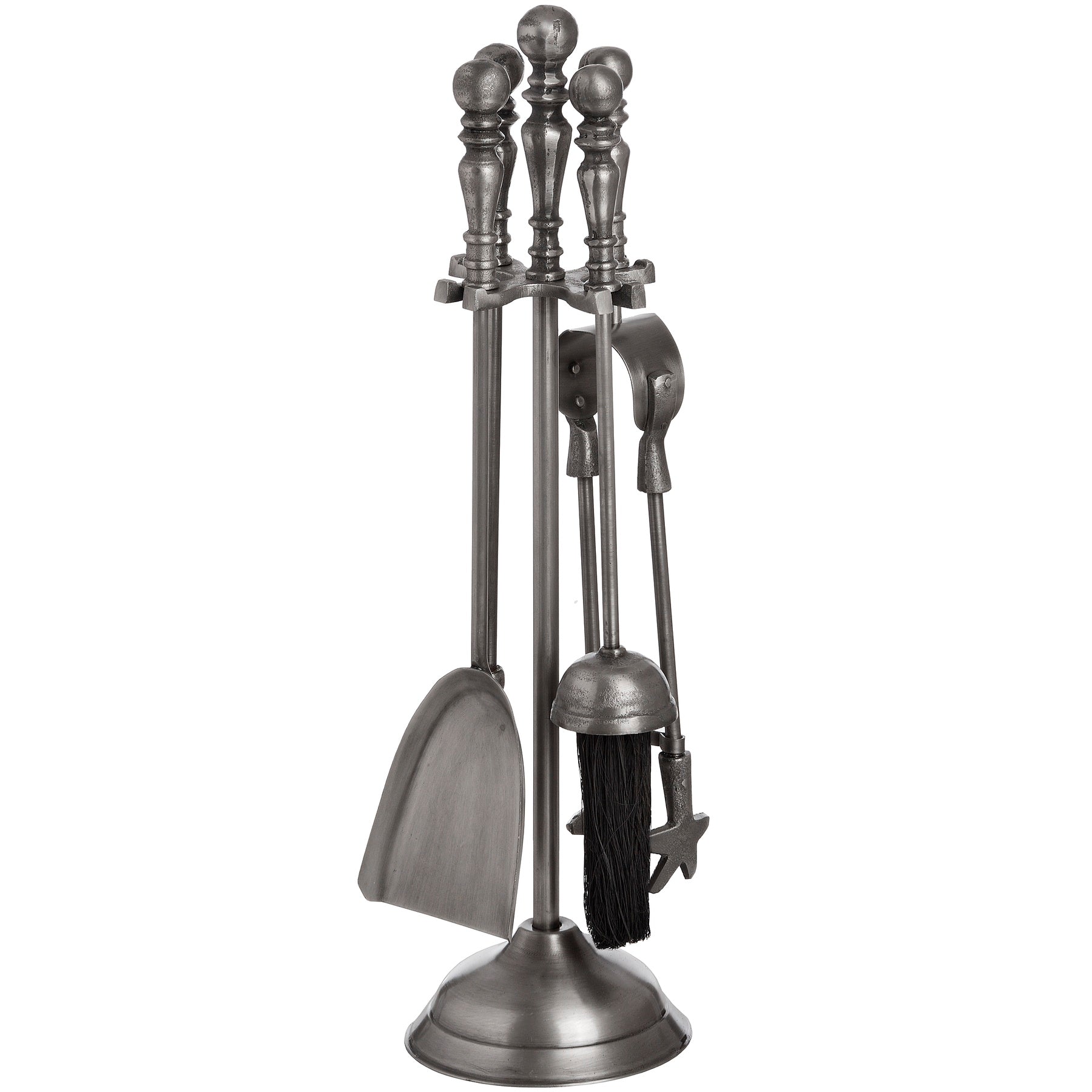 Antique pewter companion set with detailed handles, featuring essential fireplace tools on a sturdy stand, exuding sophistication.