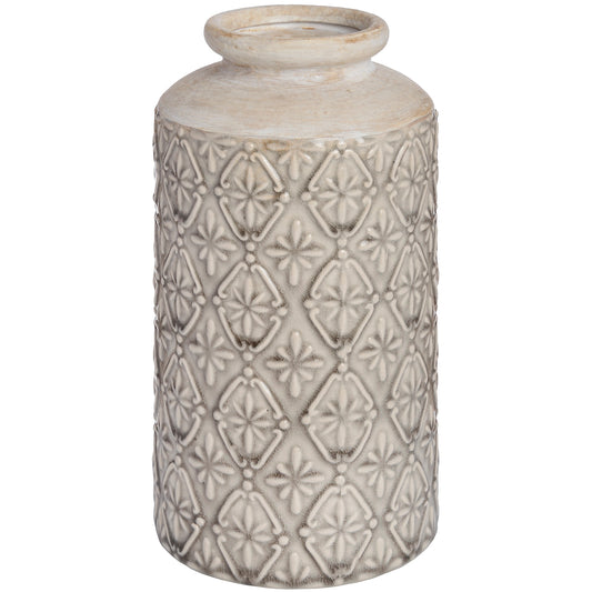 Medium white vase featuring a distinctive patterned surface with textured details, blending elegance with versatile style.