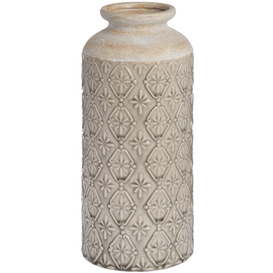 Tall ceramic vase with intricate patterns and a deep grey finish, offering a sophisticated focal point for any decor.