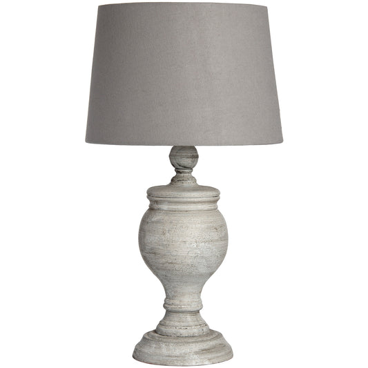 Elegant table lamp featuring a textured grey base and a soft grey linen shade, perfect for modern interiors.