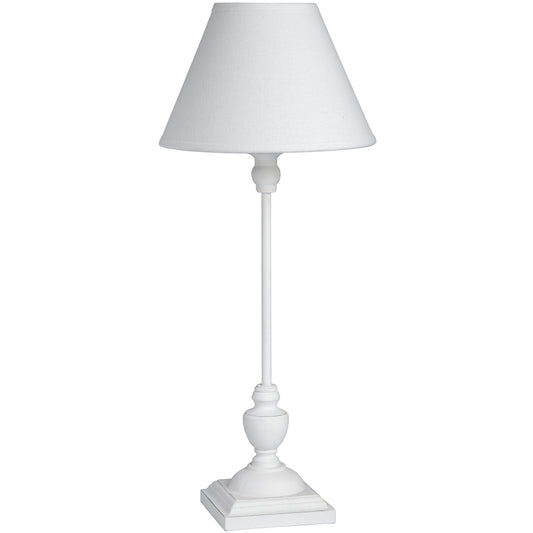 Slim white table lamp with a delicate, distressed wooden base and a soft fabric shade, exuding understated elegance.