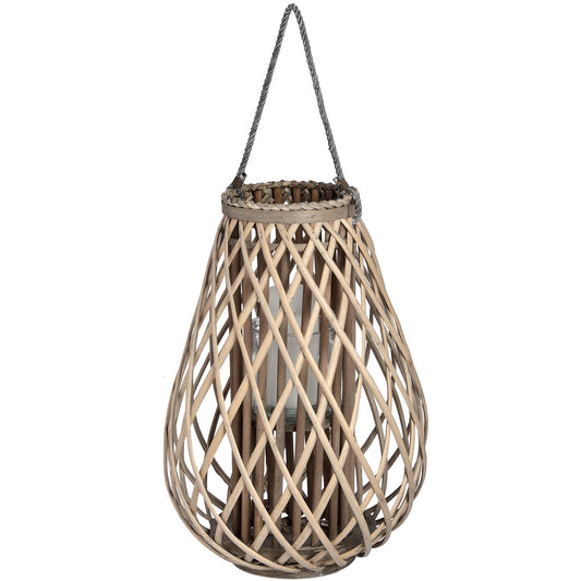 Large wicker bulbous lantern in natural tones, featuring intricate woven rattan patterns and a unique silhouette for enchanting light displays.