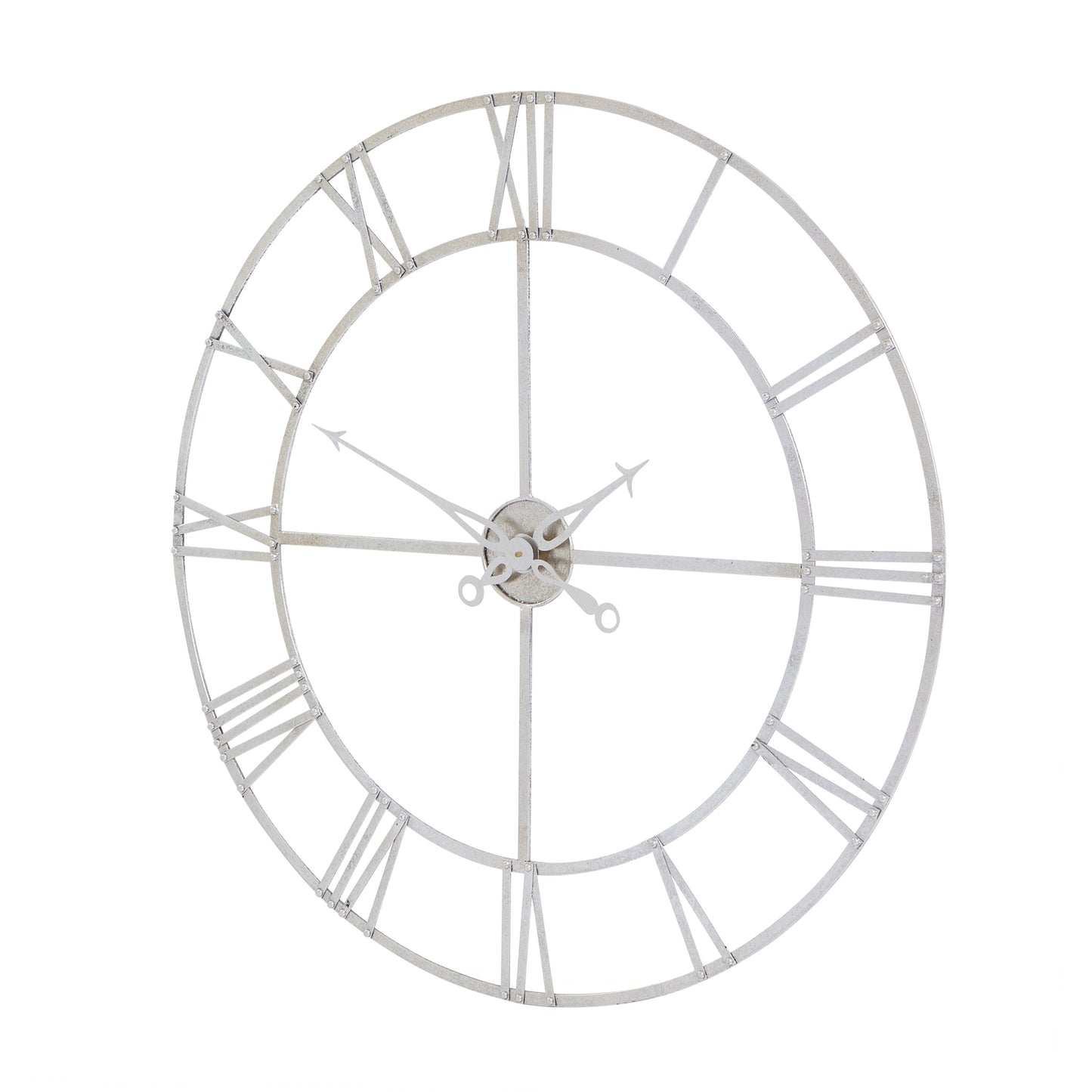 Large silver foil wall clock featuring intricate metalwork, Roman numerals, and a modern industrial design for elegant decor.