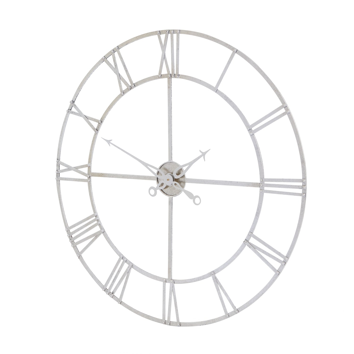 Large silver foil wall clock featuring intricate metalwork, Roman numerals, and a modern industrial design for elegant decor.