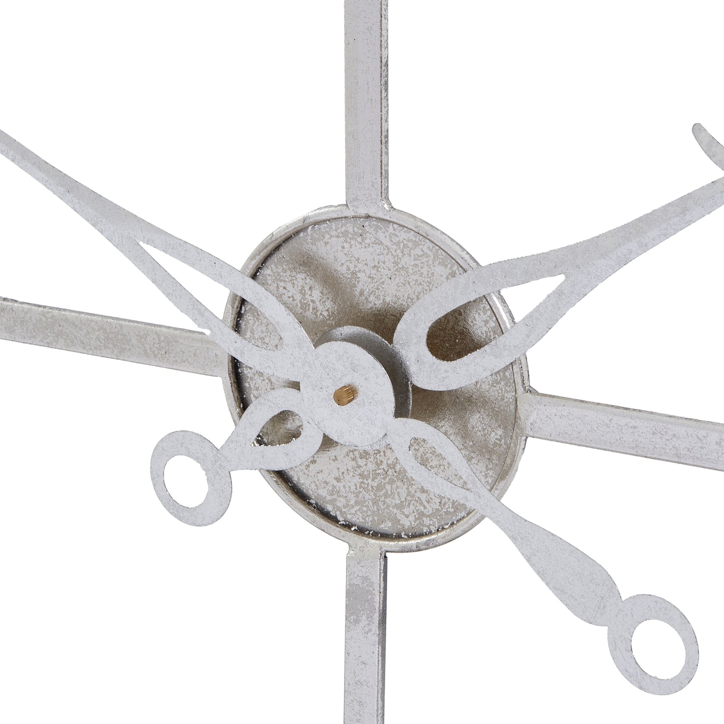 Large silver foil wall clock featuring intricate metalwork, elegant hands, and a modern industrial design. Ideal focal point for decor.