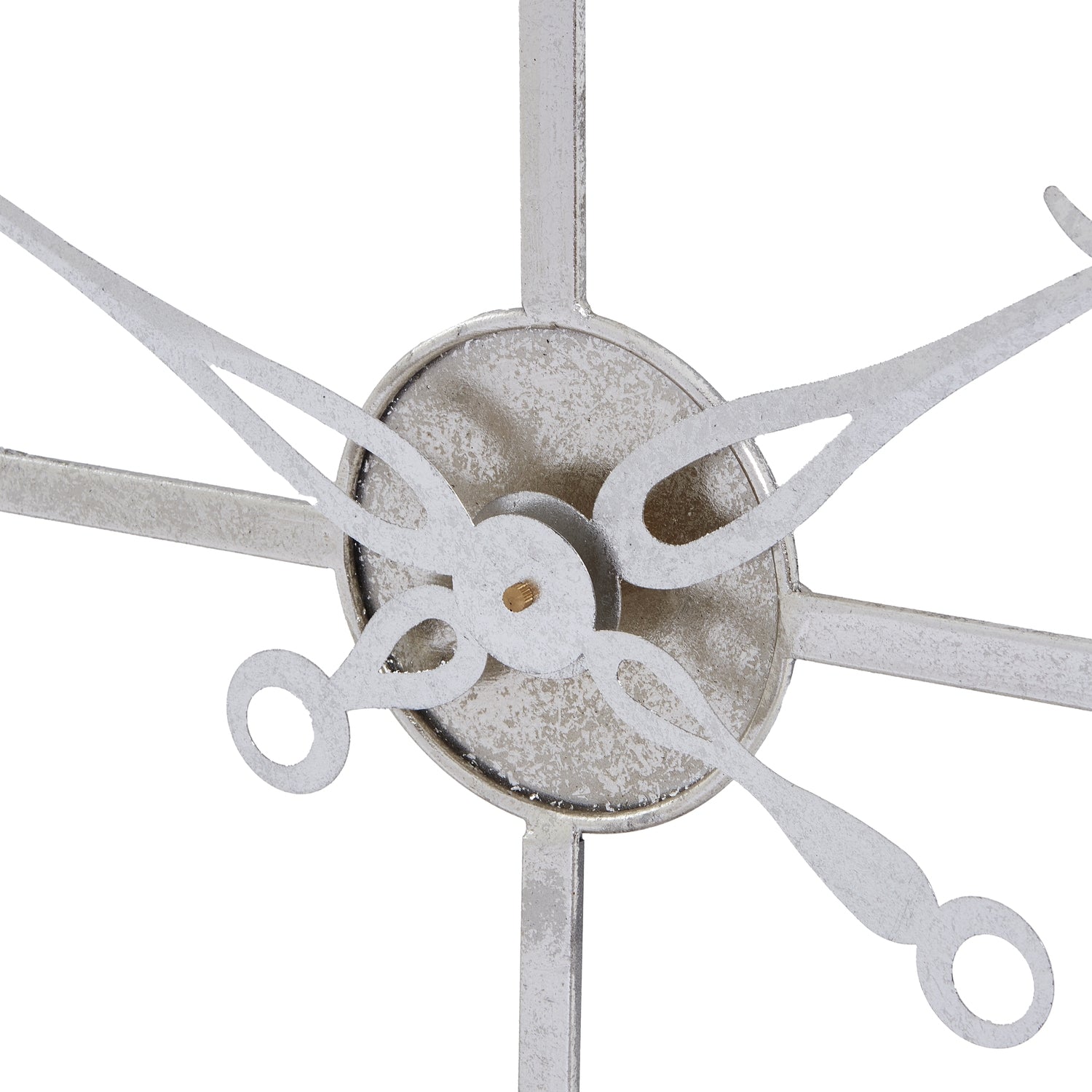 Large silver foil wall clock featuring intricate metalwork, elegant hands, and a modern industrial design. Ideal focal point for decor.