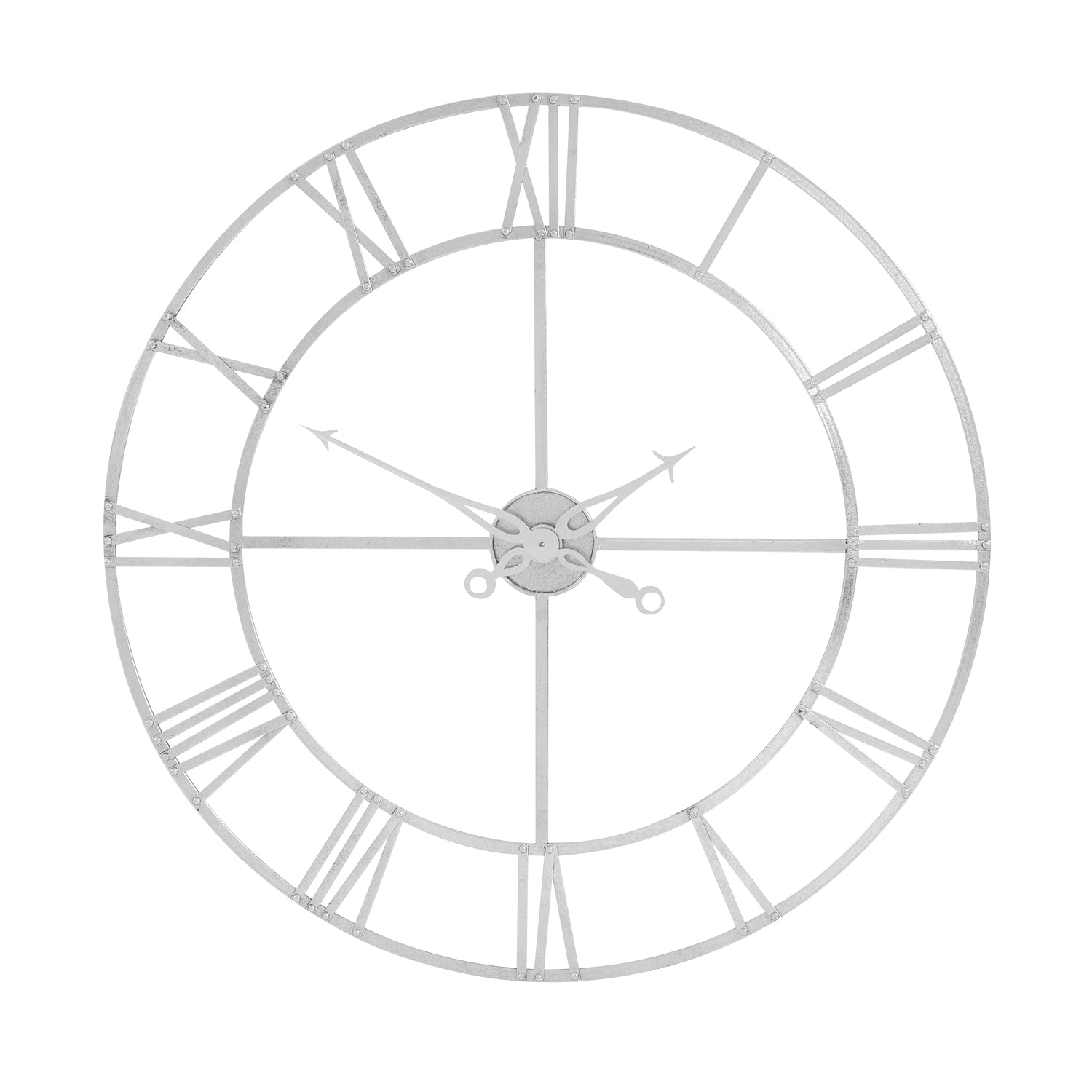 Large silver foil wall clock featuring intricate metalwork and a modern industrial design, showcasing Roman numerals and elegant hands.