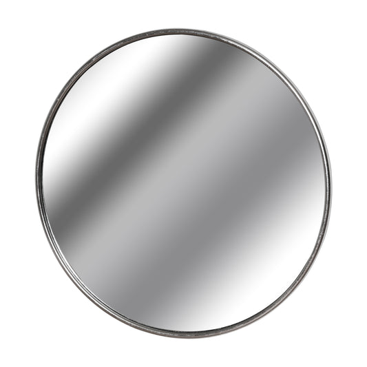 Large circular metal wall mirror with a refined silver finish, featuring a sleek, elegant design that enhances any wall.
