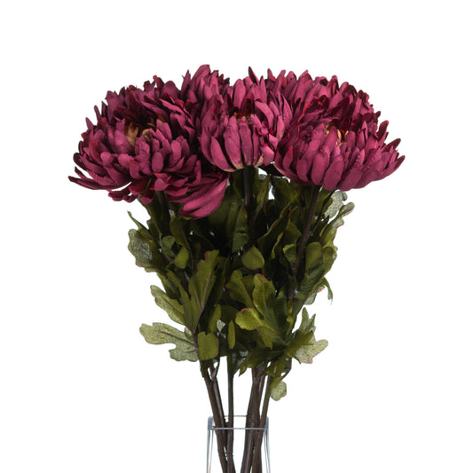 Vibrant red artificial spider chrysanthemum with intricate petals and lush green foliage, perfect for autumn decor.