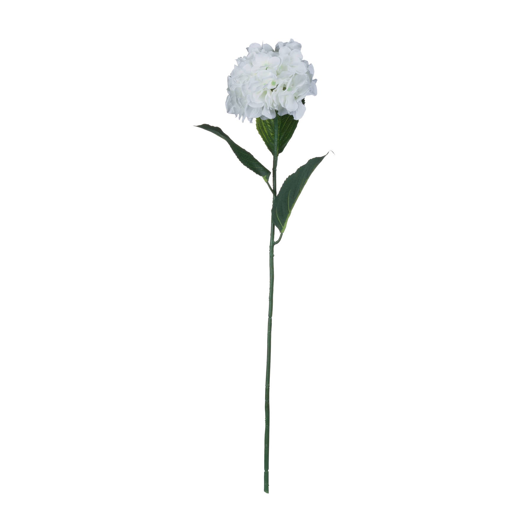 Single stem white hydrangea with delicate petals and green leaves, perfect for elegant home décor and lasting style.