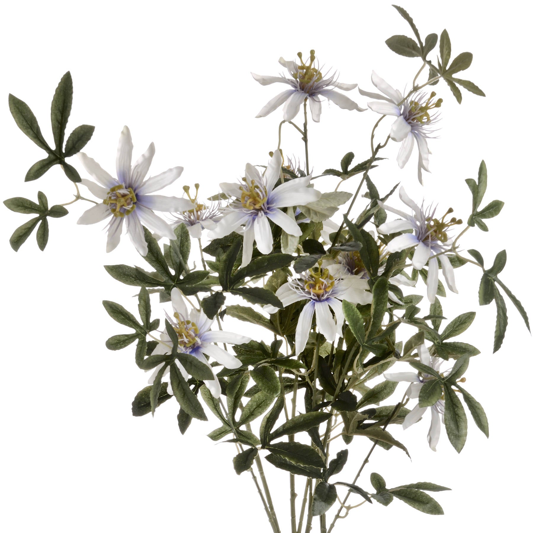 Lifelike Passion Flower Spray with delicate white petals and intricate yellow stamens, complemented by lush green foliage.