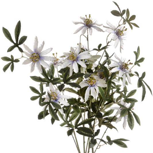 Lifelike Passion Flower Spray with delicate white petals and intricate yellow stamens, complemented by lush green foliage.