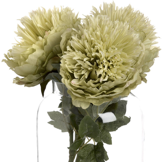 Soft, sage-green artificial peony blooms with realistic petals and lush greenery, elegantly arranged in a clear vase.