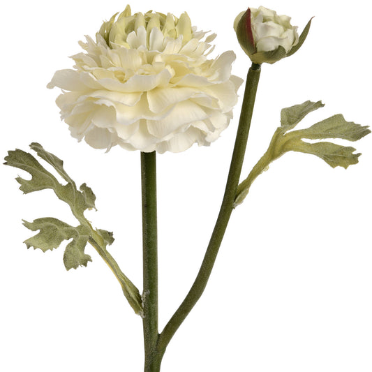 Lifelike green ranunculus spray with a full bloom and budding flower, supported by realistic foliage on a slender stem.