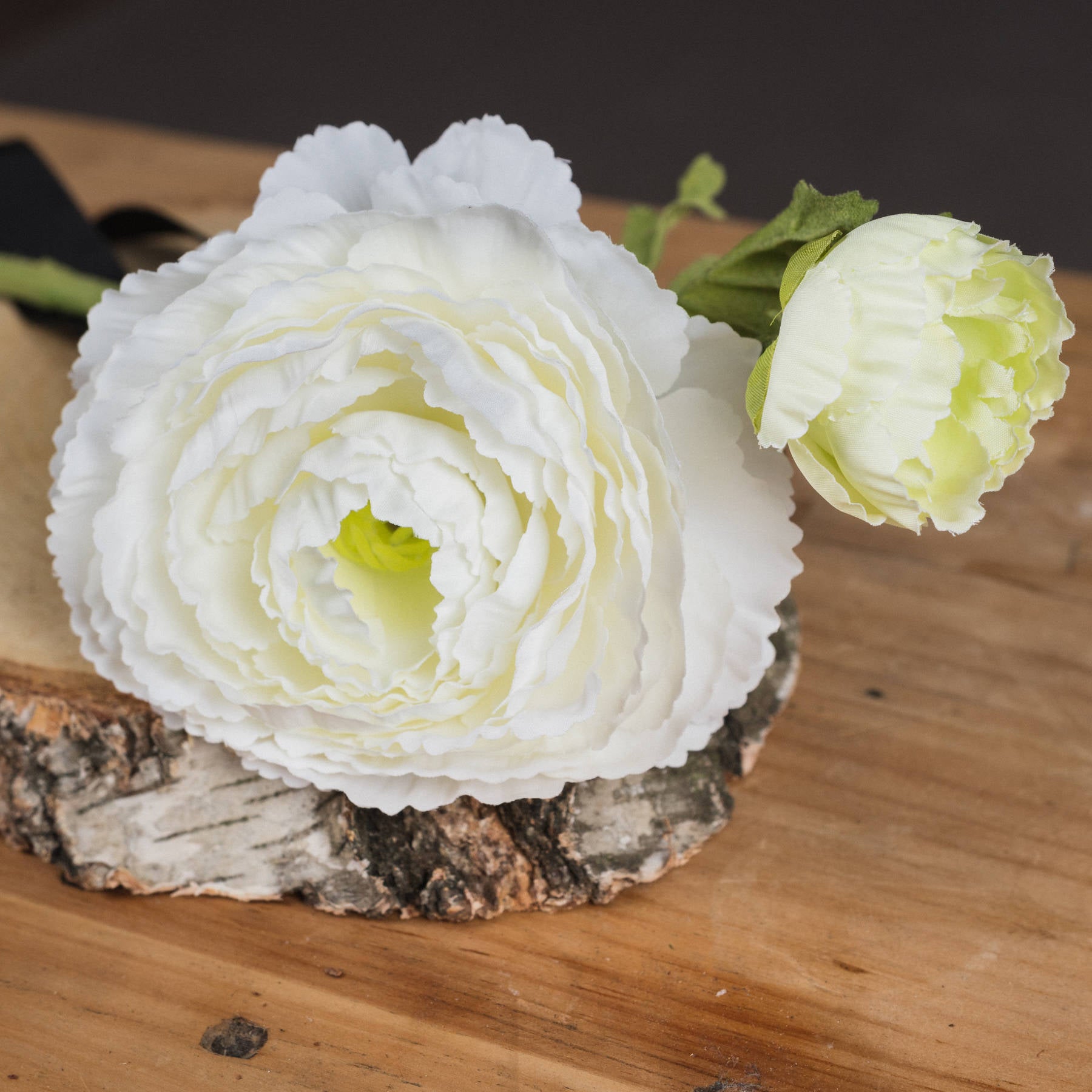 White Ranunculus spray featuring layered petals in soft white, complemented by a delicate green bud, resting on natural wood.