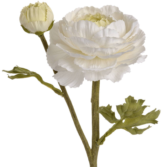 Artificial white Ranunculus spray featuring a large bloom and a closed bud, with green leaves on a slender stem.