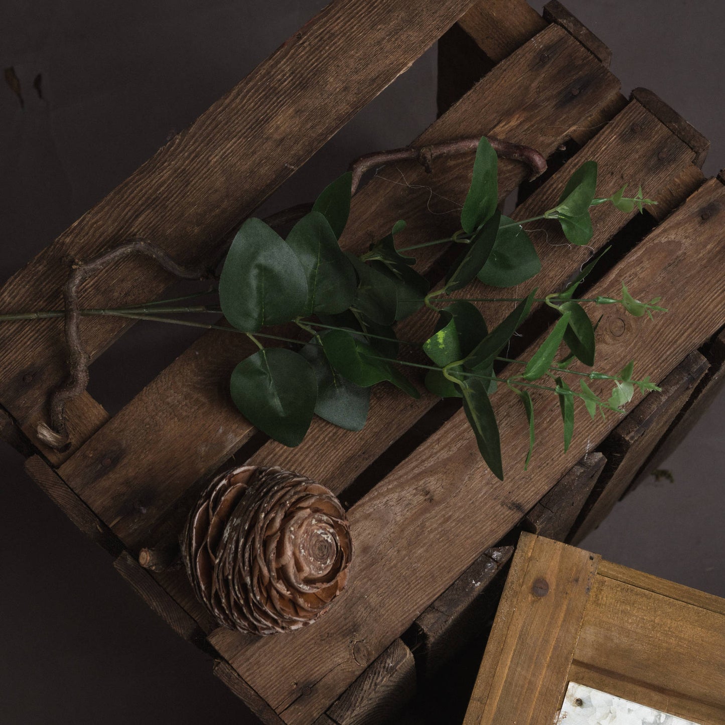 Artificial Cineraria Eucalyptus Spray with dark green foliage on a wooden crate, accompanied by a pinecone and rustic frame.