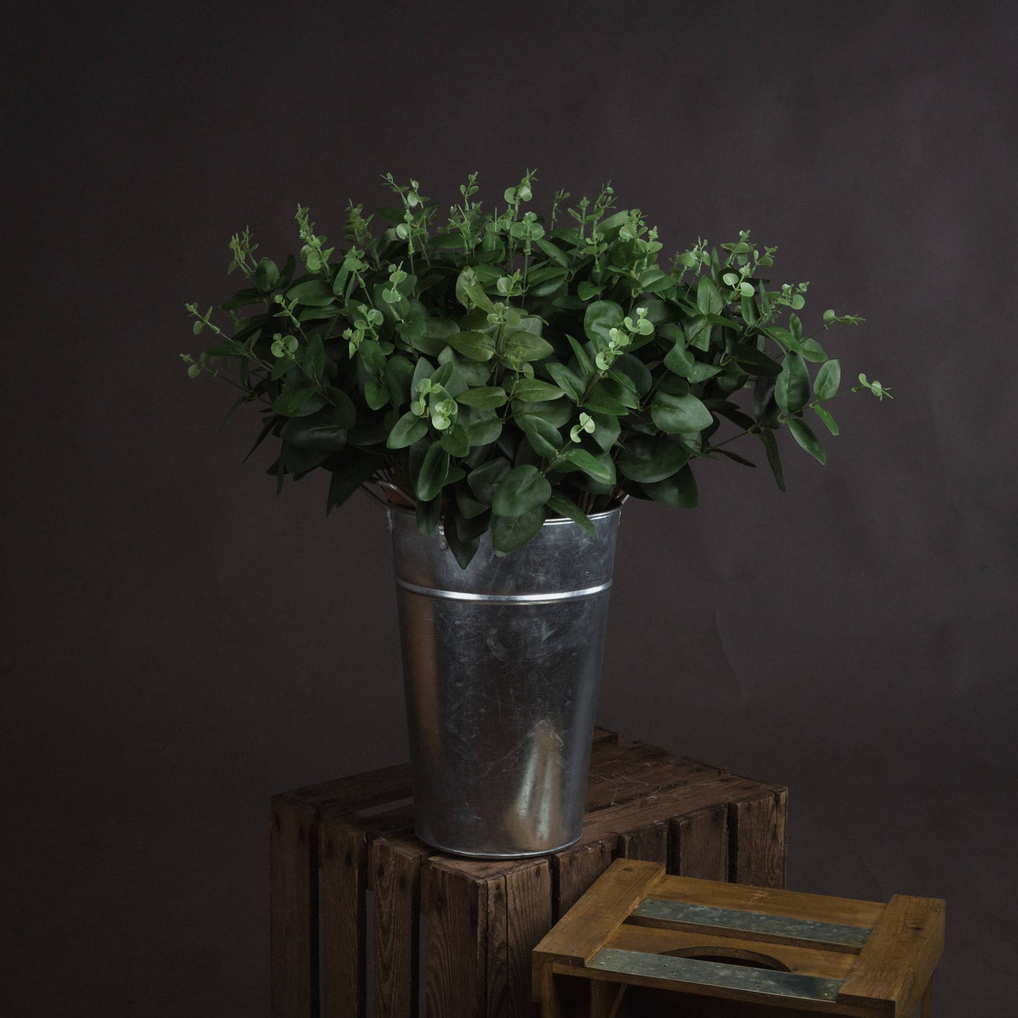 Lifelike Cineraria Eucalyptus spray in dark green leaves, arranged in a silver metal pot, perfect for stylish home decor.