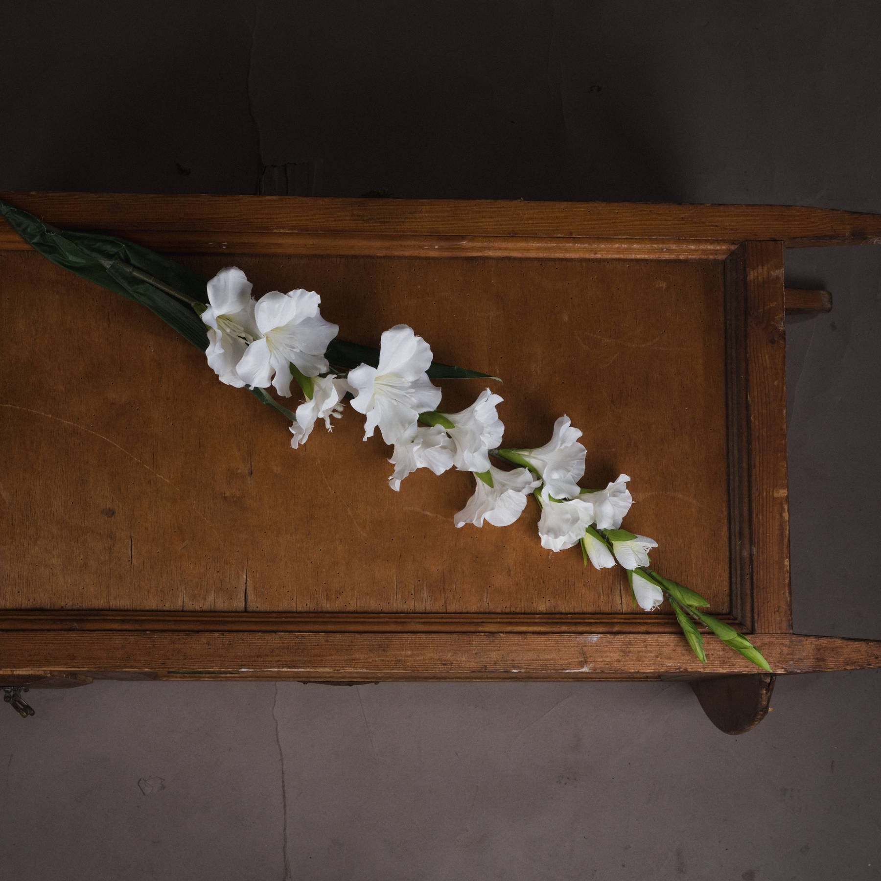 Elegant faux white gladioli with pristine florets on a tall stem, resting on a wooden surface, bringing a refined touch to decor.