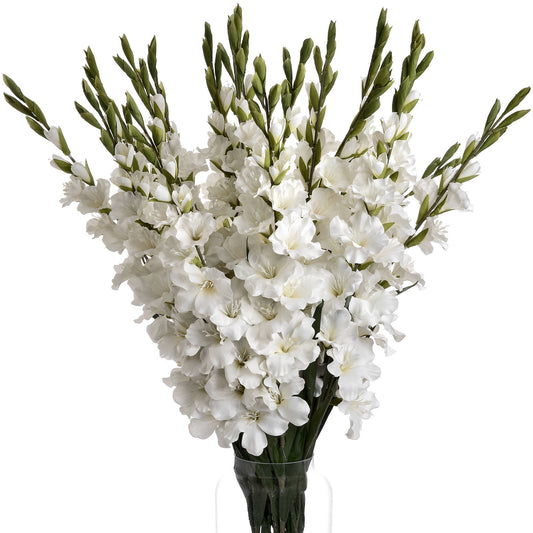 Lifelike white gladioli in a sleek vase, featuring tall, slender spikes and lush florets for elegant home decor.
