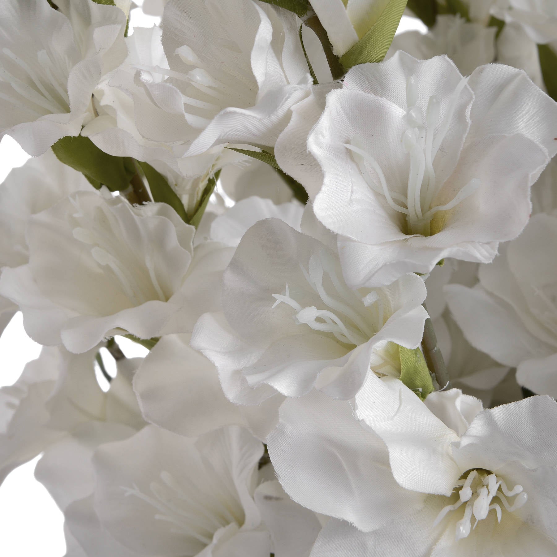 Elegant white gladioli with intricate detailing, featuring lifelike florets on tall green stems, perfect for sophisticated decor.