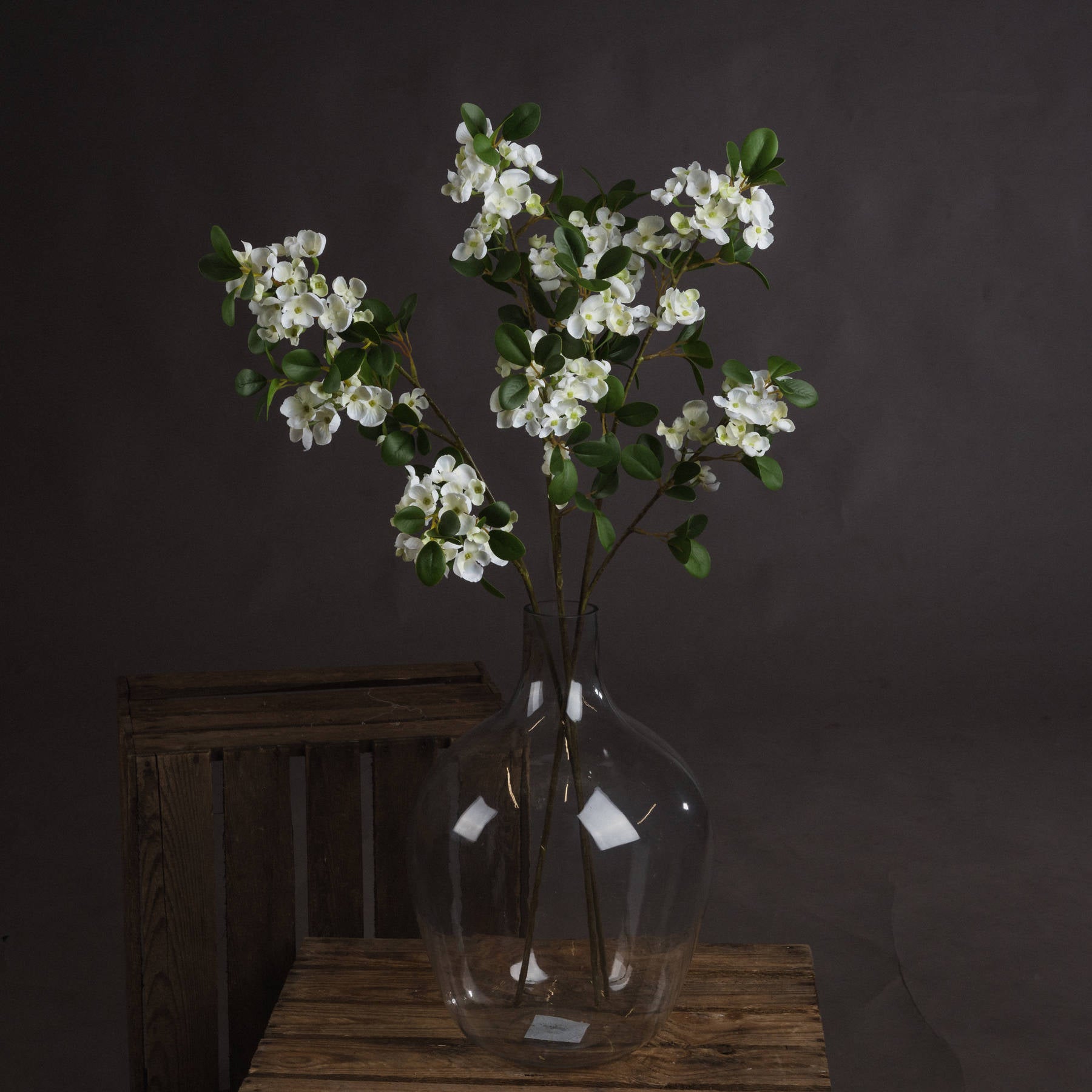 Elegant white mock orange flowers in a clear vase, set against a dark background, showcasing lush green leaves and lifelike detail.