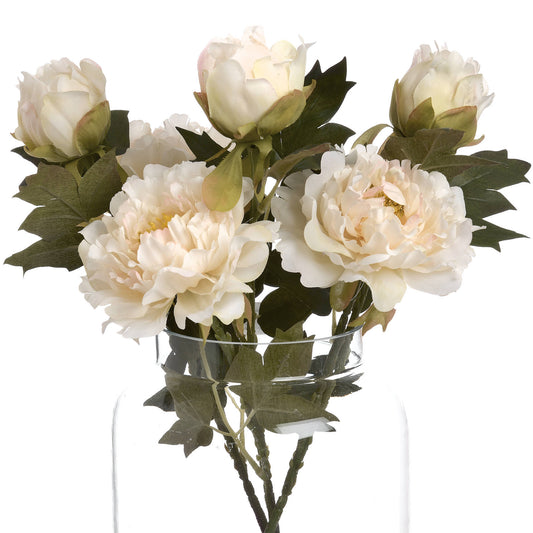 Lifelike white peony bouquet in a clear glass vase, featuring delicate petals and lush green leaves, perfect for elegant decor.