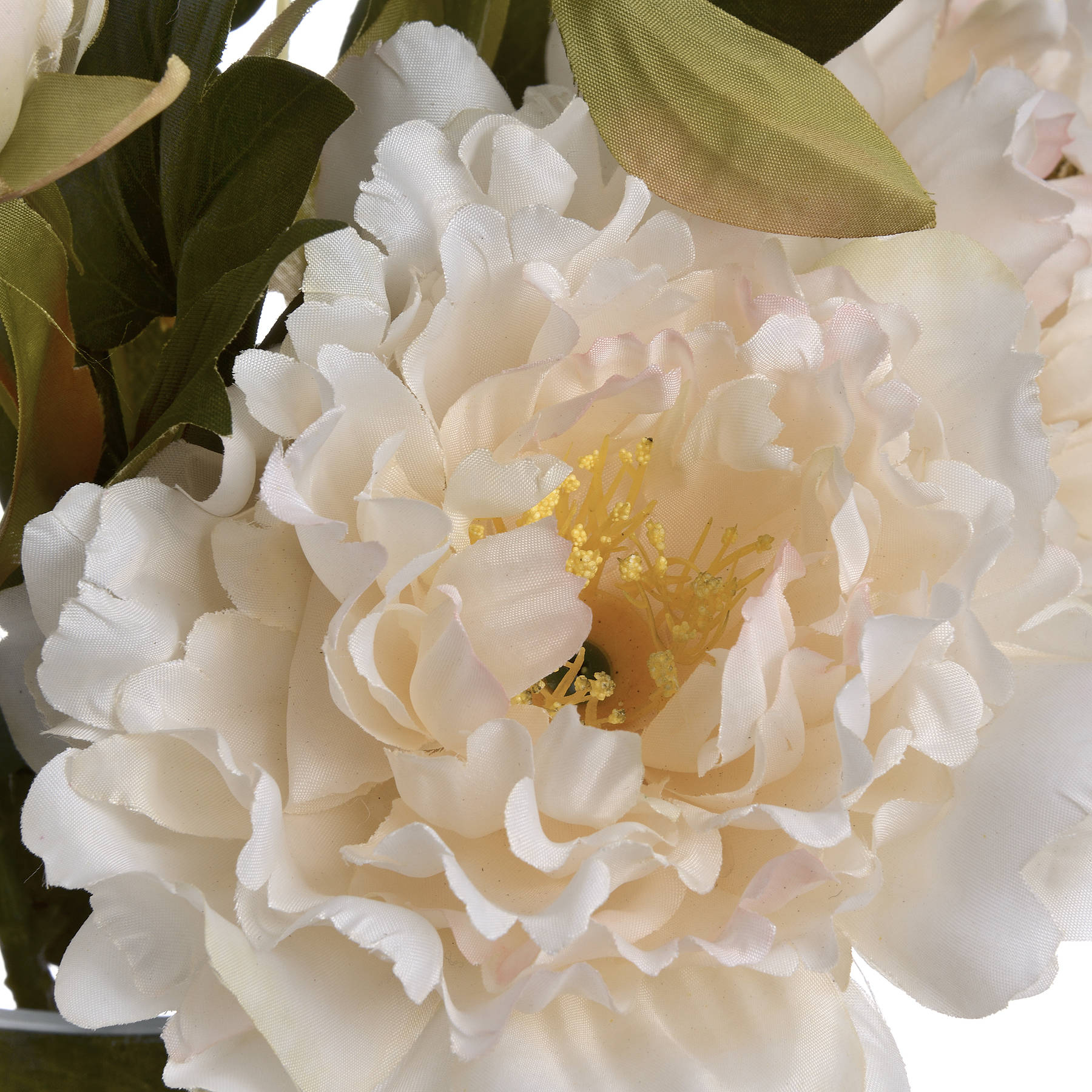 Lifelike white peony with delicate petals and green leaves, perfect for adding elegance to any home decor.