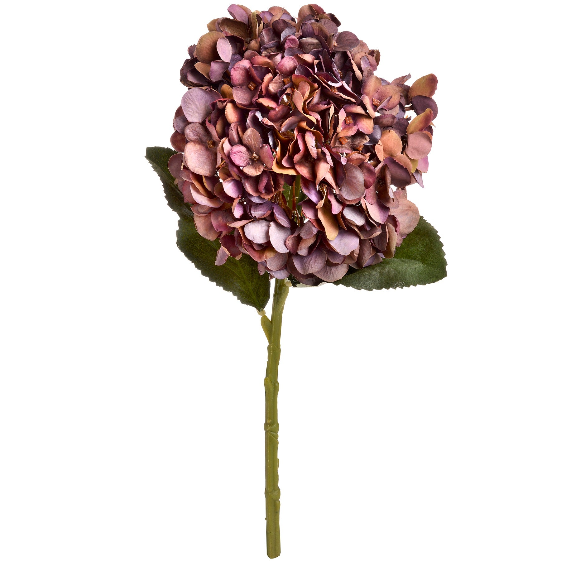 Lifelike autumn hydrangea stem in warm coffee tones, featuring detailed petals and a flexible wired stem for versatile arrangements.