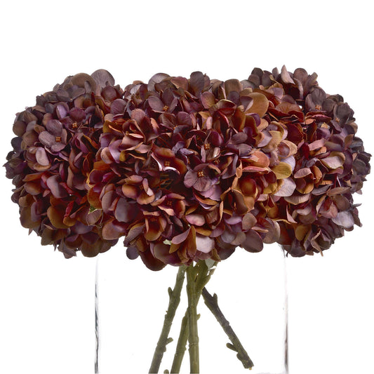 Lifelike hydrangea stem in rich coffee tones, featuring detailed petals and a flexible wired stem for easy arrangement.
