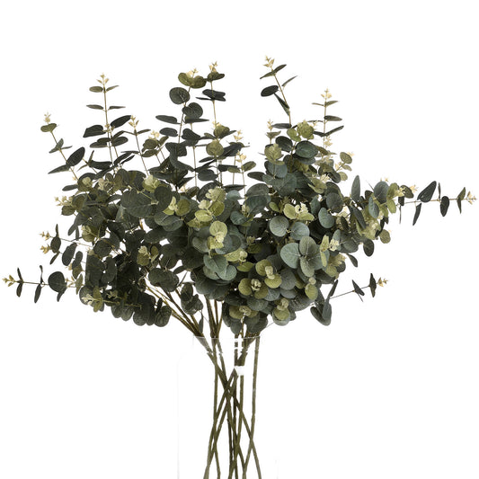Lush artificial eucalyptus spray with detailed orbicular green leaves, perfect for enhancing decor or floral arrangements.