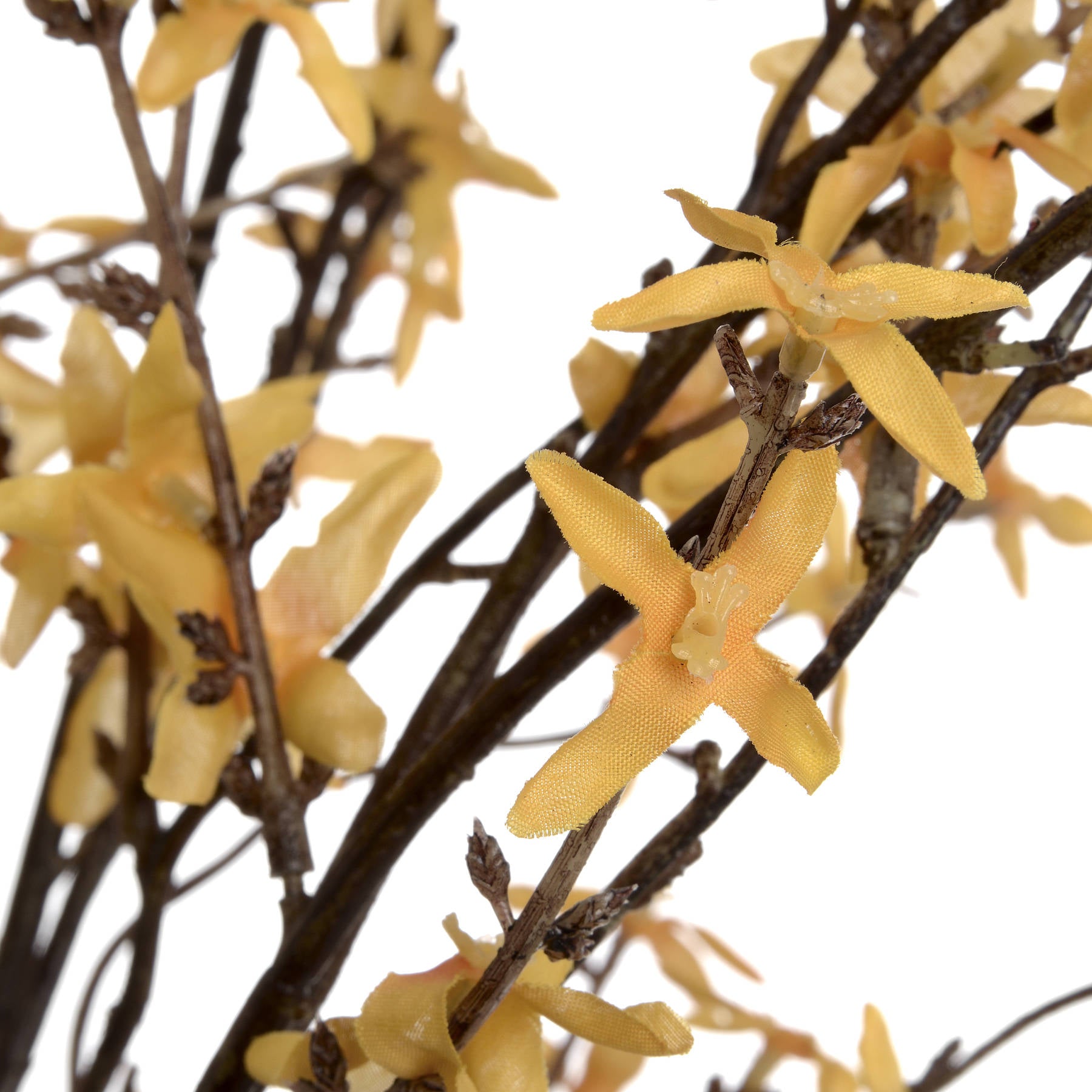 Lifelike yellow forsythia stem with delicate petals and natural-looking branches, perfect for year-round elegant home decor.