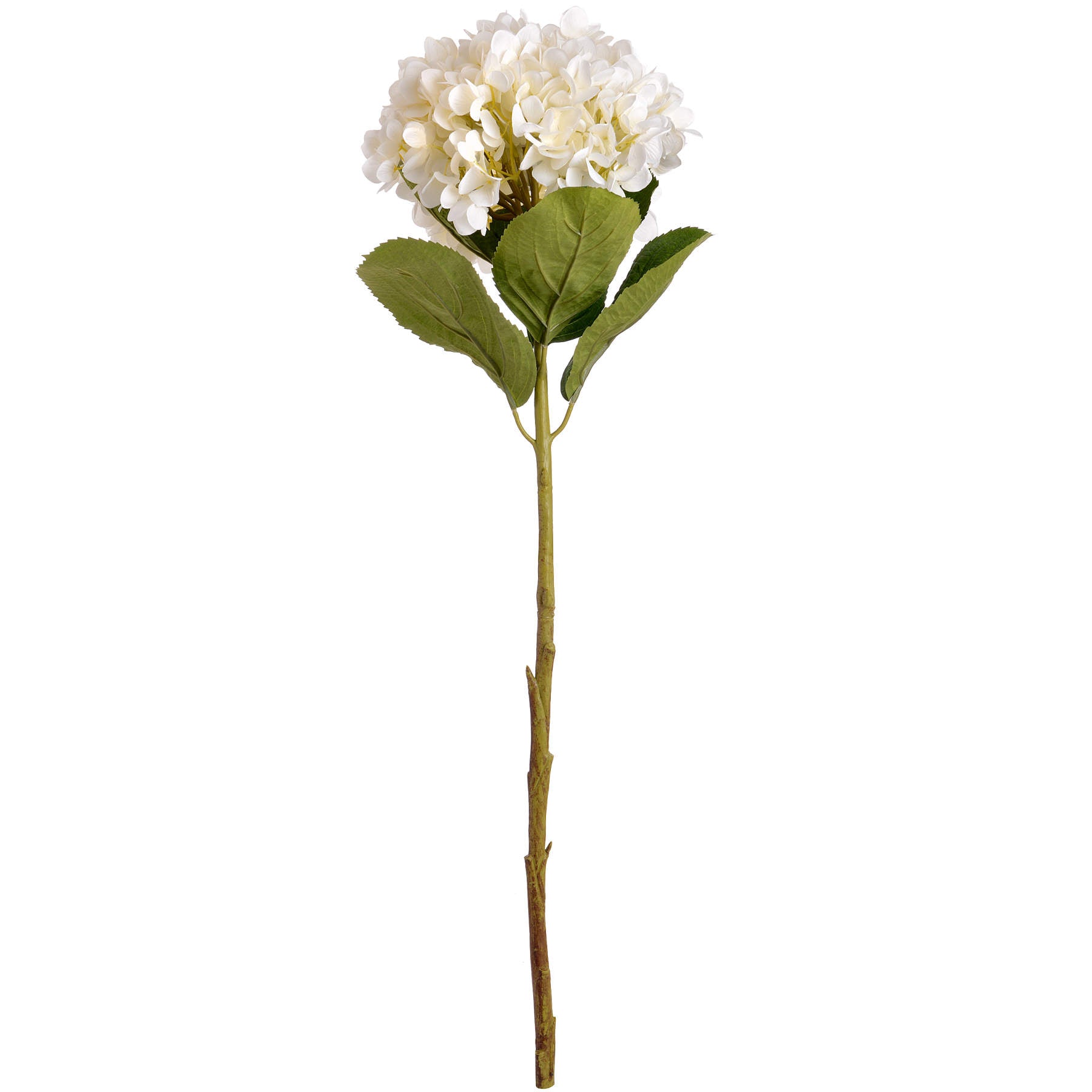 Oversized white hydrangea with a realistic bloom, green leaves, and a natural stem, perfect for elegant home decor.
