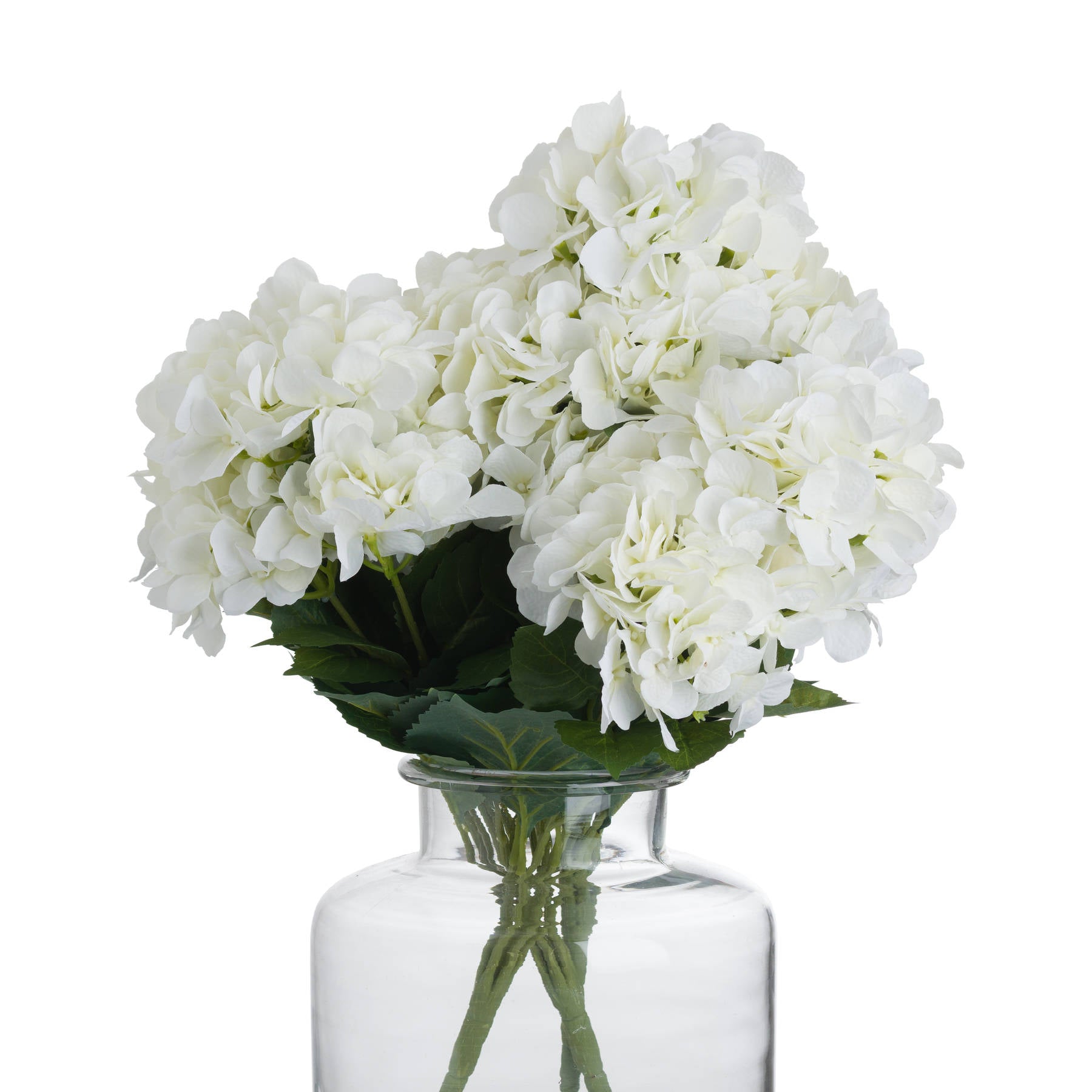 Lifelike white hydrangea bouquet with multiple bloom clusters, elegantly arranged in a clear glass vase, enhancing any decor.