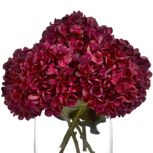 Deep ruby hydrangea blooms with hand-painted petals in a glass vase, exuding autumnal elegance for stylish decor.