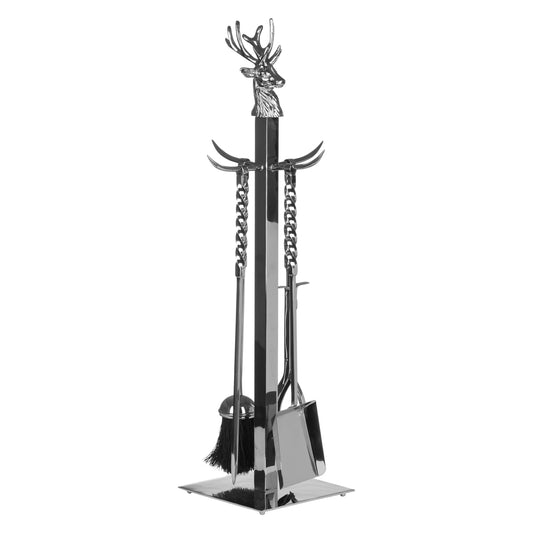 Handcrafted fireside companion set in polished nickel, featuring a stag head top, with tools including a shovel and brush.