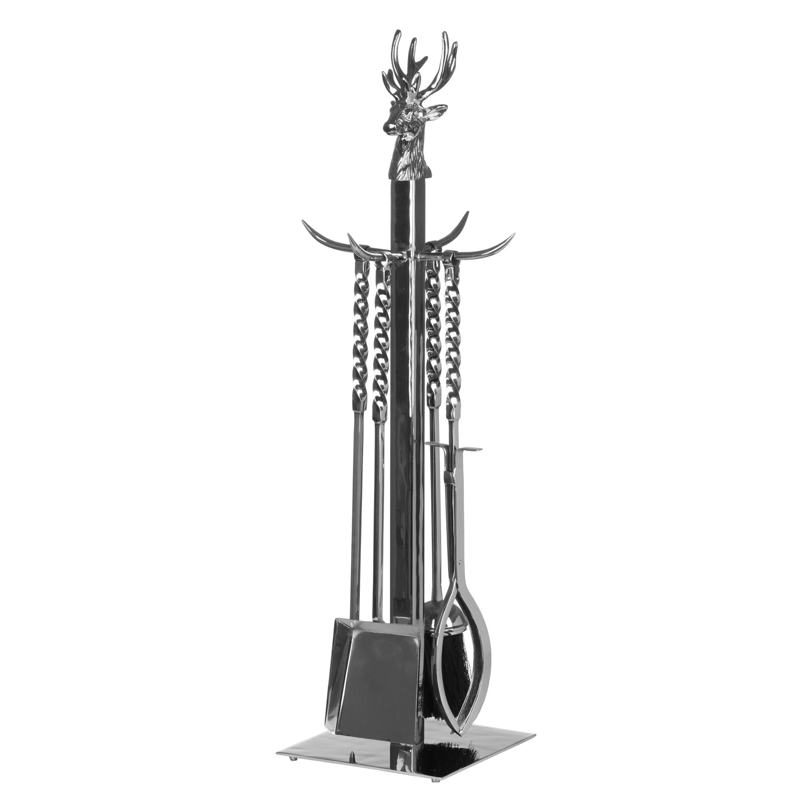 Handcrafted companion set with a stag head atop polished nickel tools, standing 67cm tall, perfect for elegant decor.