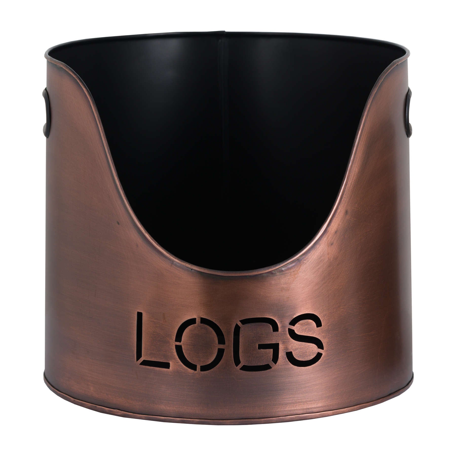 Copper-finished log bucket with a sleek design and cutout "LOGS" label, perfect for stylish hearthside storage.