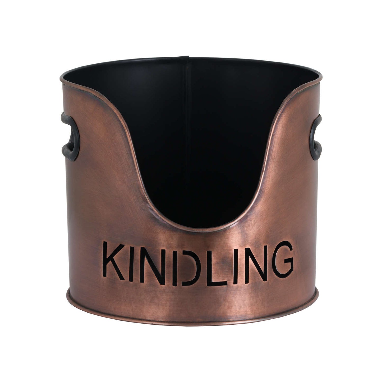 Copper-finished kindling bucket with a sleek design and engraved "KINDLING" label, featuring a black interior and metal handles.