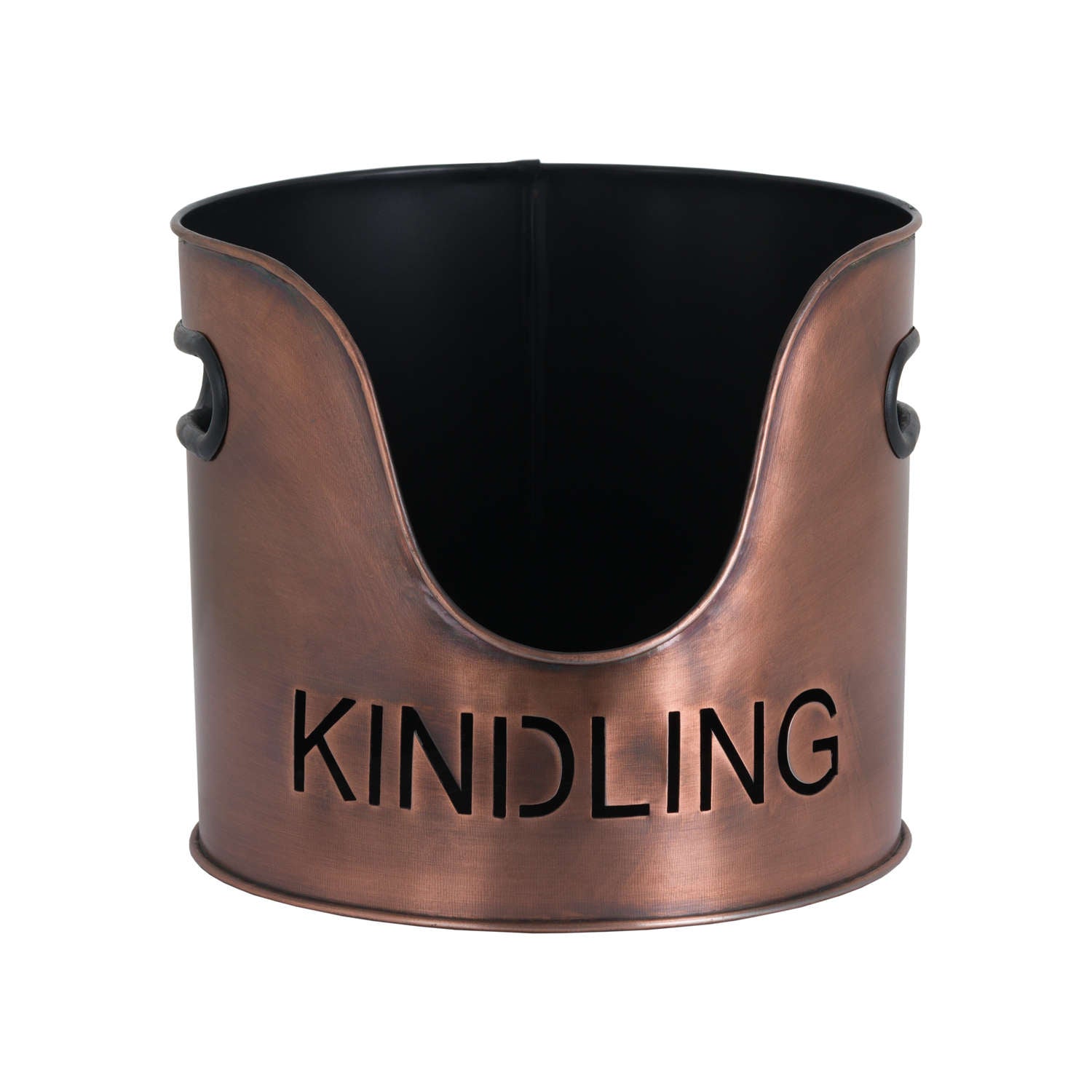 Copper-finished kindling bucket with a sleek design and engraved "KINDLING" label, featuring a black interior and metal handles.